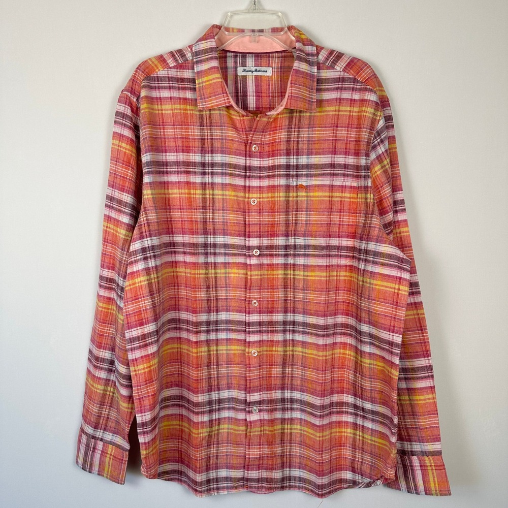 Tommy Bahama Linen Blend Plaid Long Sleeve Button Up Shirt Mens‎ XL Coral Preppy